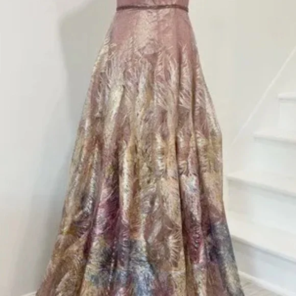 Rene Ruiz feathered fit flair gown
